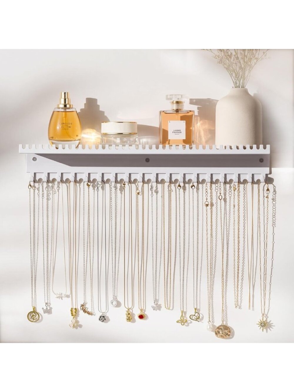 Jewelry Organizer Wall Hanging with 56 Hooks & Tray - Stylish Necklace Holder